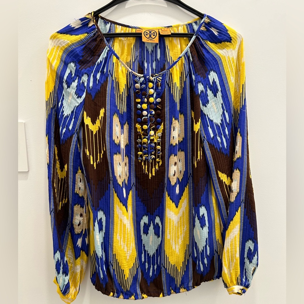 Tory Burch Silk Top in Blue Yellow Brown Ikat Pattern
